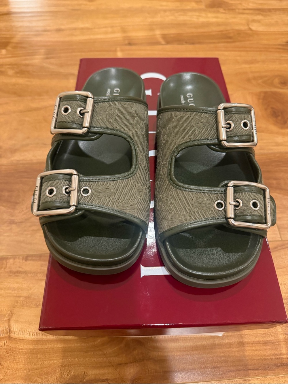 Gucci Olive Green Double Buckle Slide Sandals